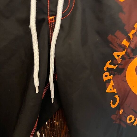 Captain Morgan Swim Trunks Mens 30 Black Orange Graphic Print Board Shrots Cargo - Picture 3 of 9